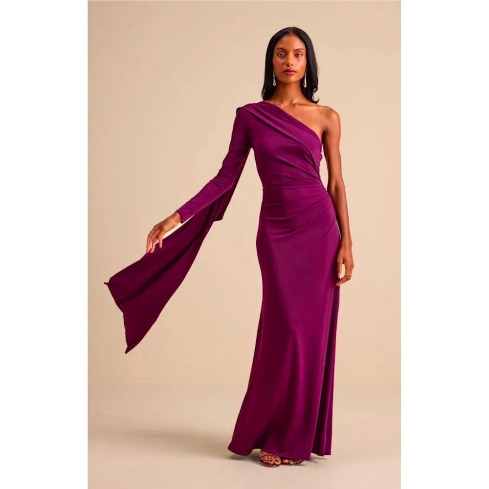 Lulus Maru Plum Purple Long Sleeve One Shoulder Sash Maxi Dress Med Women Formal